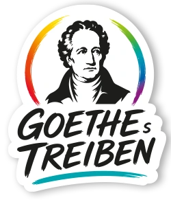 Logo GOETHEs TREIBEN - Ausstellung GOETHES TREIBEN, Goethe-Festwoche Ilmenau GOETHEs TREIBEN: Modernes Ausstellungslogo mit Goethe-Porträt, farbigem Bogen und dynamischer Typografie als Brücke zwischen gestern und heute.