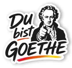 Logo DU BIST GOETHE - Ausstellung GOETHES TREIBEN, Goethe-Festwoche Ilmenau DU bist GOETHE: Prägnantes Logo mit Goethe-Porträt und direkter Geste. Die Botschaft verbindet Identifikation, Mitwirkung und Goethe-Bezug.